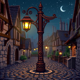 A medieval wooden streetlamp (farola) designed in pixel art style, featuring intricate carvings, warm glowing light, and surrounded by a cobblestone pathway