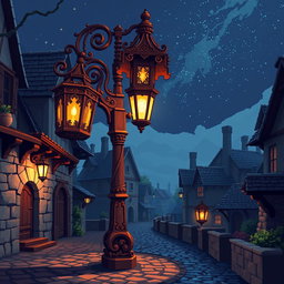 A medieval wooden streetlamp (farola) designed in pixel art style, featuring intricate carvings, warm glowing light, and surrounded by a cobblestone pathway