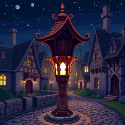 A medieval wooden streetlamp (farola) designed in pixel art style, featuring intricate carvings, warm glowing light, and surrounded by a cobblestone pathway