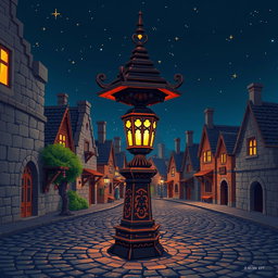 A medieval wooden streetlamp (farola) designed in pixel art style, featuring intricate carvings, warm glowing light, and surrounded by a cobblestone pathway
