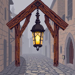 A 64x64 pixel art depiction of a medieval wooden street lamp (farola)