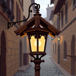 A 64x64 pixel art depiction of a medieval wooden street lamp (farola)
