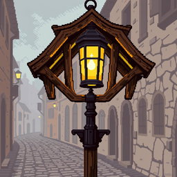 A 64x64 pixel art depiction of a medieval wooden street lamp (farola)