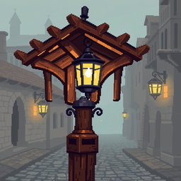 A 64x64 pixel art depiction of a medieval wooden street lamp (farola)