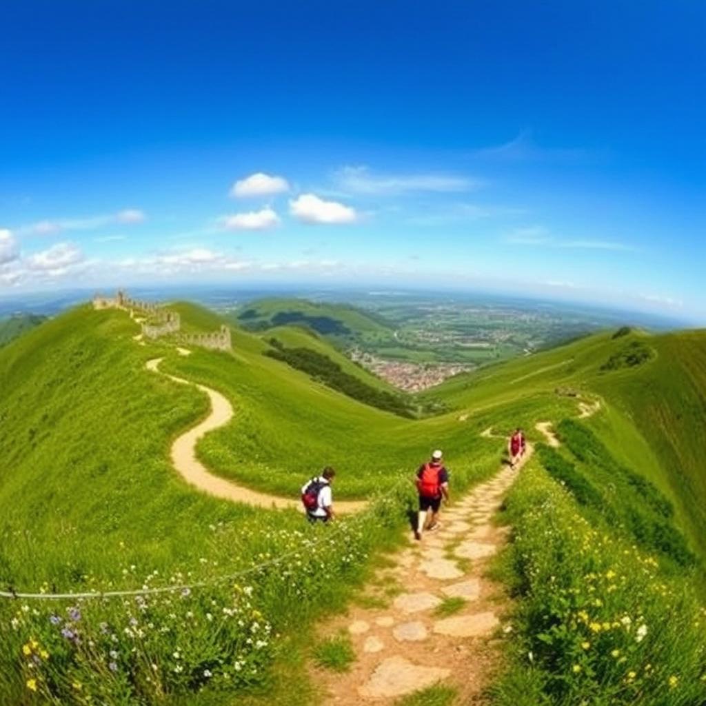 A stunning panoramic view of the Camino de Santiago, showcasing a winding footpath surrounded by lush green hills under a blue sky