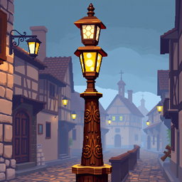 A medieval wooden streetlight (farola) depicted in pixel art style