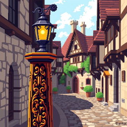 A medieval wooden streetlight (farola) depicted in pixel art style
