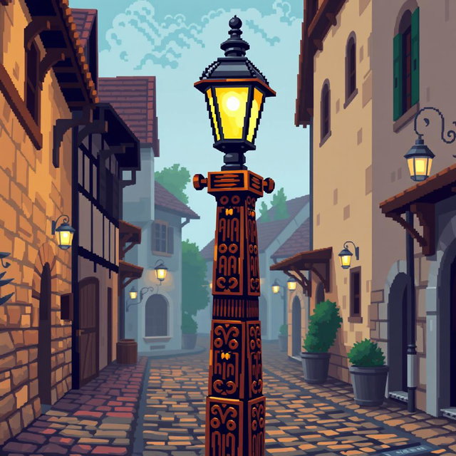 A medieval wooden streetlight (farola) depicted in pixel art style