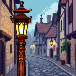 A medieval wooden streetlight (farola) depicted in pixel art style