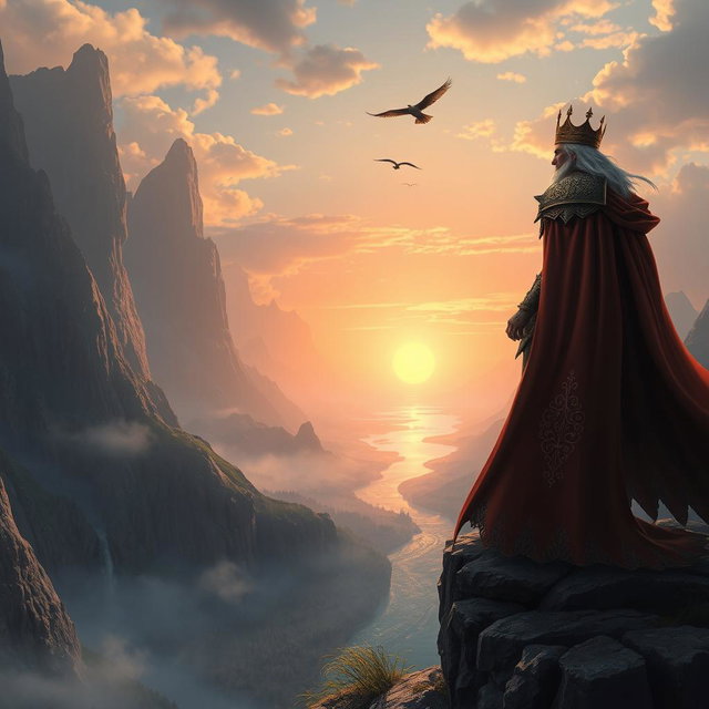 An epic fantasy scene featuring a powerful lord standing majestically on a rocky cliff overlooking a vast, misty landscape