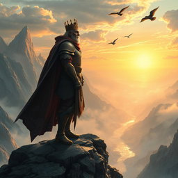 An epic fantasy scene featuring a powerful lord standing majestically on a rocky cliff overlooking a vast, misty landscape