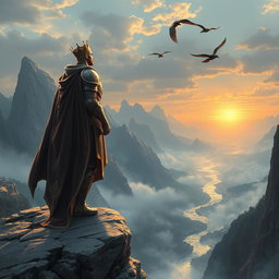 An epic fantasy scene featuring a powerful lord standing majestically on a rocky cliff overlooking a vast, misty landscape