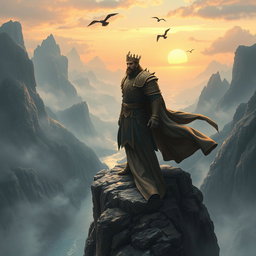 An epic fantasy scene featuring a powerful lord standing majestically on a rocky cliff overlooking a vast, misty landscape