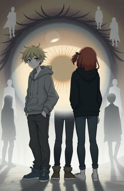 Three people standing together: a guy with messy light blonde hair, wearing a hoodie and jeans; another guy with long black hair tied into a small ponytail, dressed in a black hoodie and jeans; and a girl with shoulder-length chestnut hair