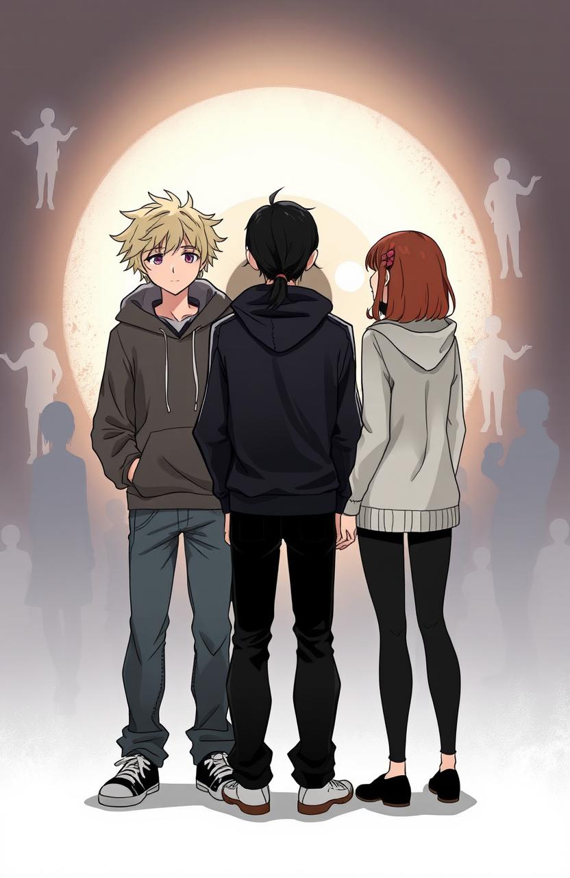 Three people standing together: a guy with messy light blonde hair, wearing a hoodie and jeans; another guy with long black hair tied into a small ponytail, dressed in a black hoodie and jeans; and a girl with shoulder-length chestnut hair
