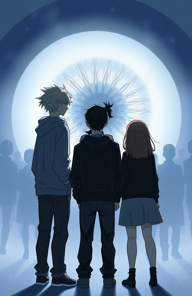 Three people standing together: a guy with messy light blonde hair, wearing a hoodie and jeans; another guy with long black hair tied into a small ponytail, dressed in a black hoodie and jeans; and a girl with shoulder-length chestnut hair