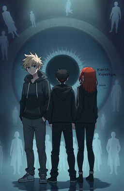 Three people standing together: a guy with messy light blonde hair, wearing a hoodie and jeans; another guy with long black hair tied into a small ponytail, dressed in a black hoodie and jeans; and a girl with shoulder-length chestnut hair