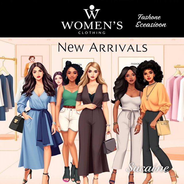 A vibrant and stylish banner for a women's clothing store, showcasing an elegant and contemporary theme