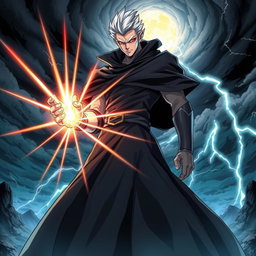 An anime-style depiction of a white villain character wearing a long, flowing black manto (cloak)