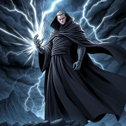 An anime-style depiction of a white villain character wearing a long, flowing black manto (cloak)