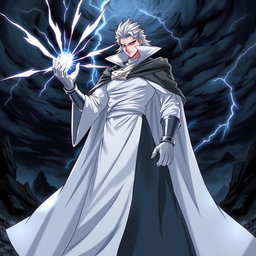 An anime-style depiction of a white villain character wearing a long, flowing black manto (cloak)