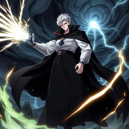 An anime-style depiction of a white villain character wearing a long, flowing black manto (cloak)