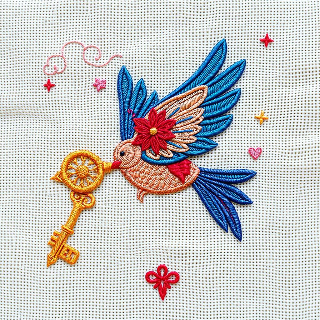 An intricate embroidery pattern featuring a stylized bird gracefully soaring while holding an ornate key in its beak