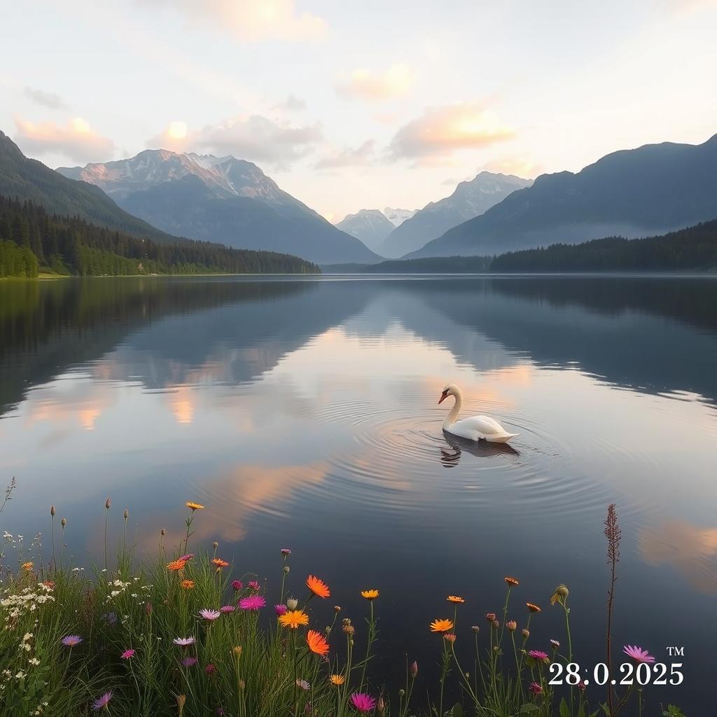 A serene landscape featuring a tranquil lake reflecting the sky, surrounded by lush green forests and majestic mountains in the background
