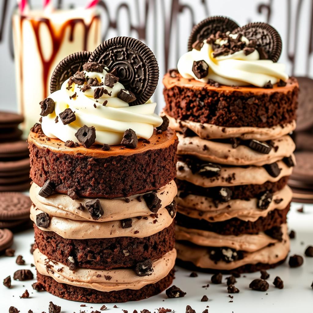 A delicious dessert scene featuring two towering Oreo cakes, layered with rich chocolate cream and crushed Oreo cookie bits throughout