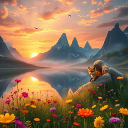 A captivating fantasy landscape featuring a serene lake reflecting the colorful sunset