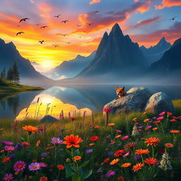 A captivating fantasy landscape featuring a serene lake reflecting the colorful sunset