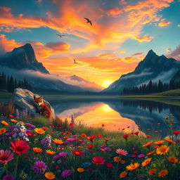 A captivating fantasy landscape featuring a serene lake reflecting the colorful sunset