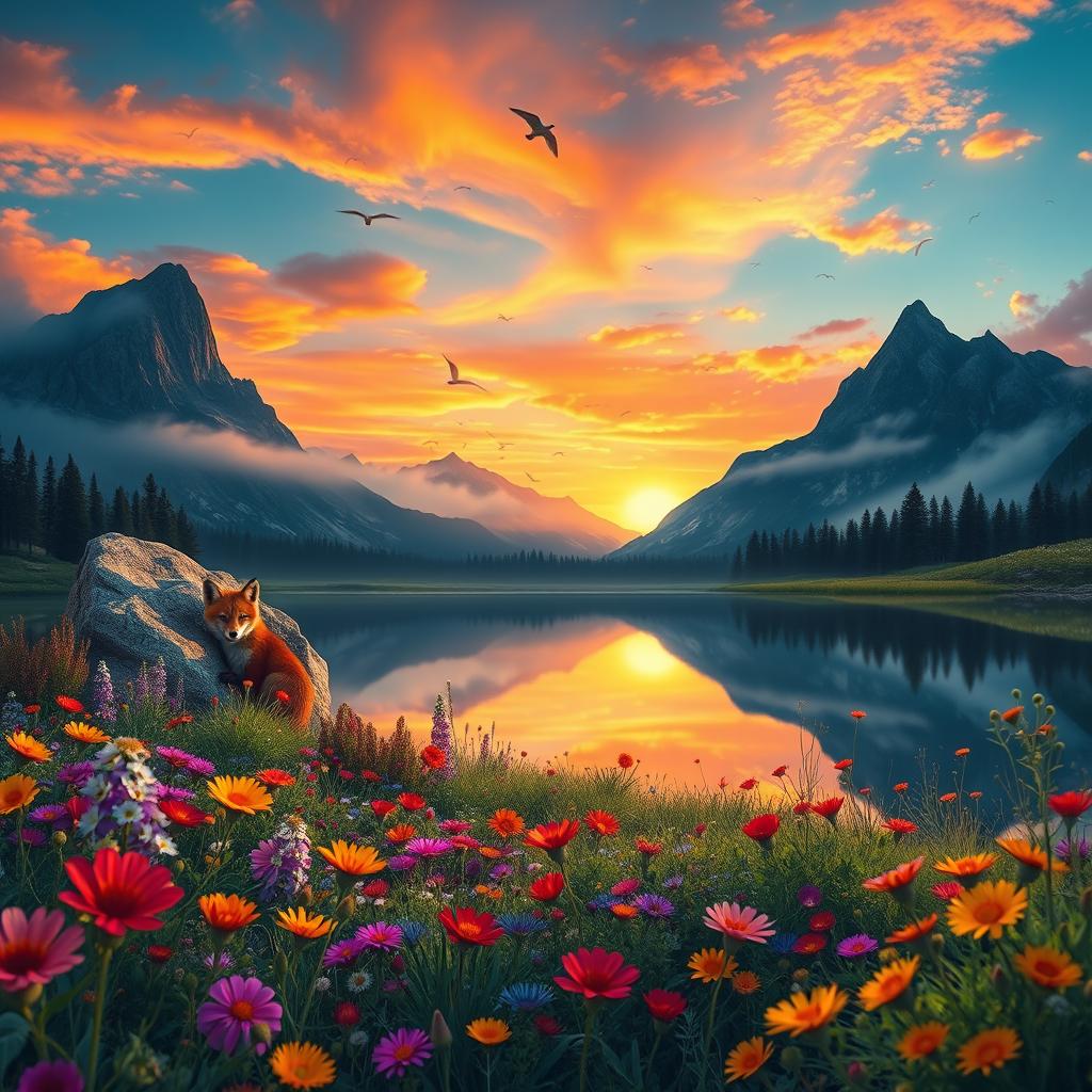 A captivating fantasy landscape featuring a serene lake reflecting the colorful sunset
