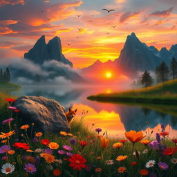 A captivating fantasy landscape featuring a serene lake reflecting the colorful sunset