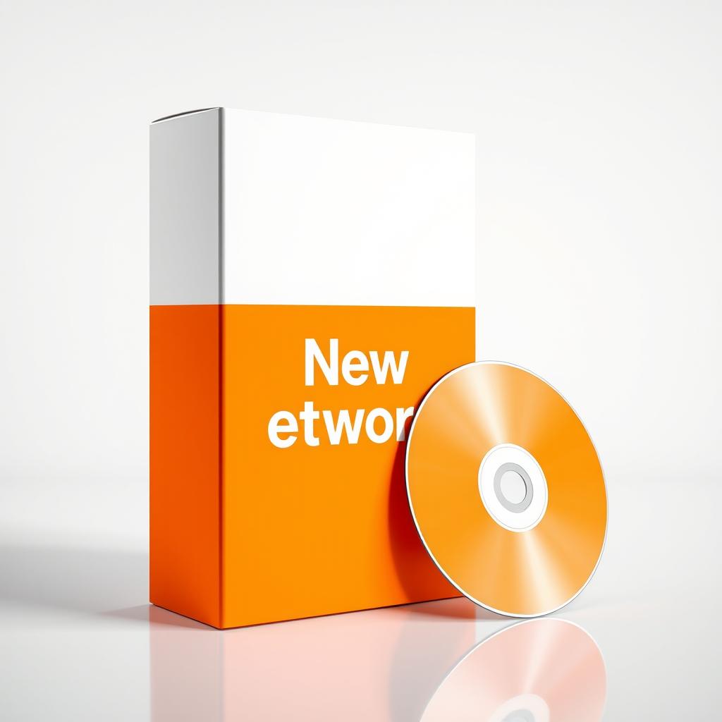 A vibrant software box standing upright, the lower half is a bright orange and the upper half is a clean white