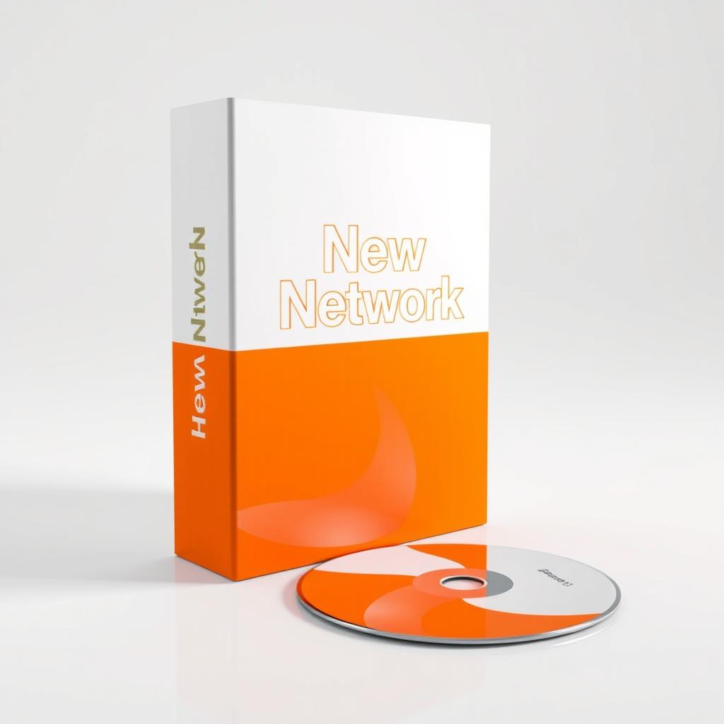 A software box standing upright, featuring a vibrant design where the lower half is bright orange and the upper half is crisp white