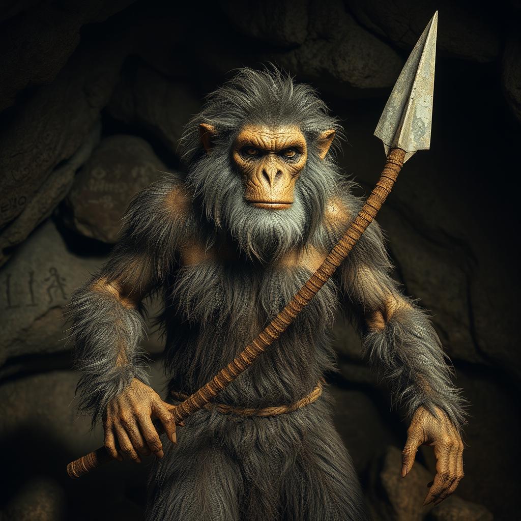 A cave hominid with scraggly fur, depicted in a prehistoric environment