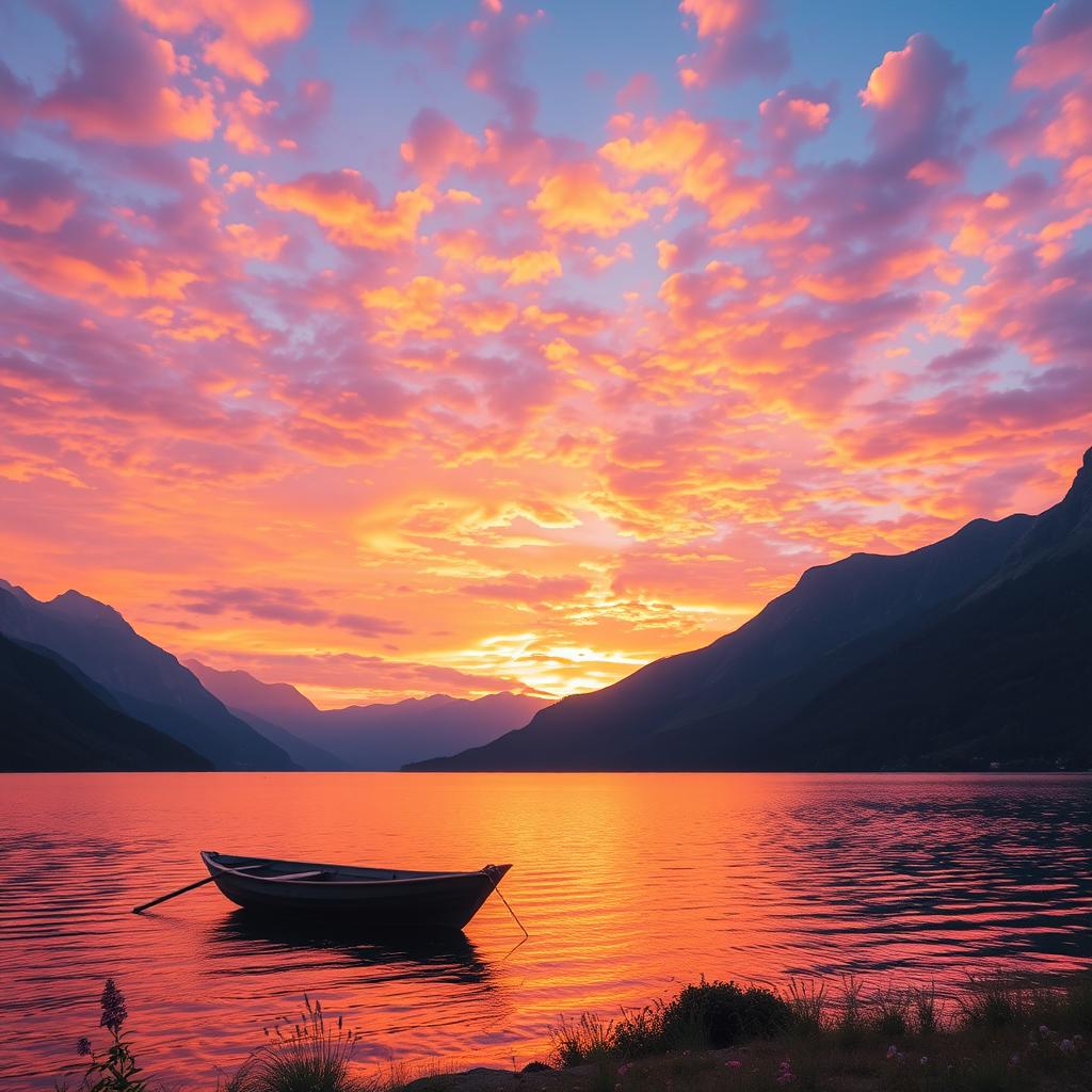 A stunning landscape photo featuring a vibrant sunset over a calm lake, surrounded by towering mountains