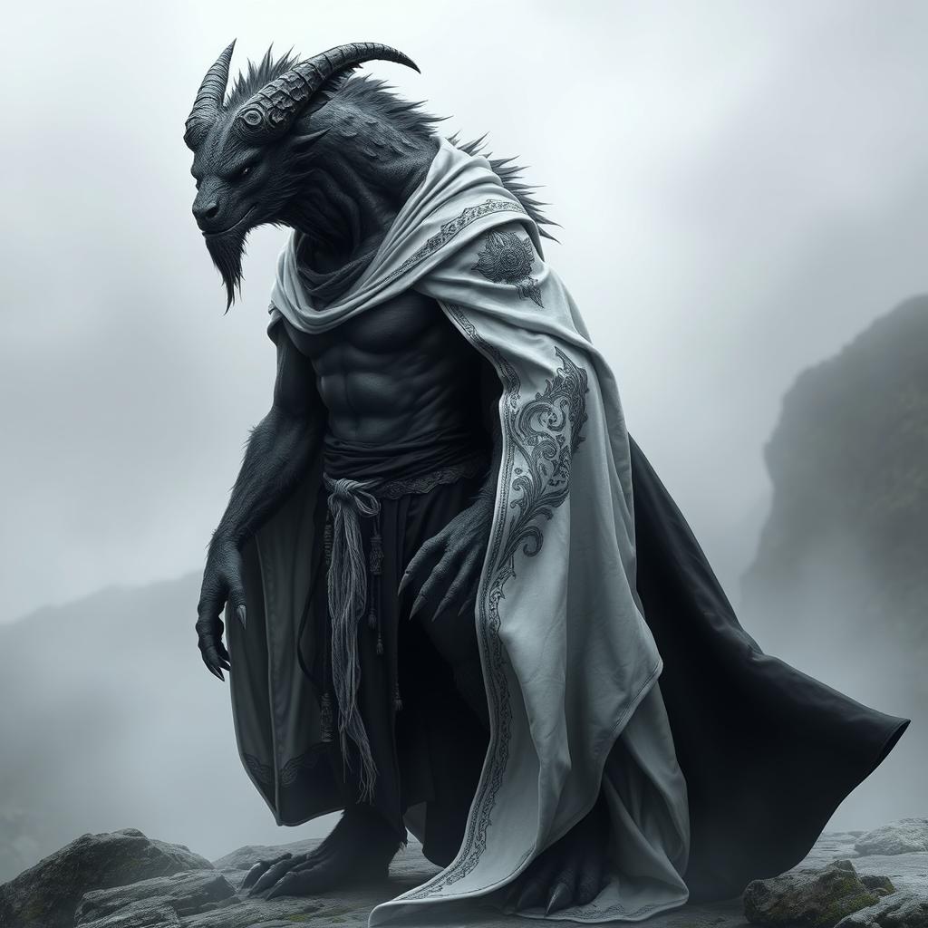 A beastman character dressed in a flowing robe, crafted in shades of black and white