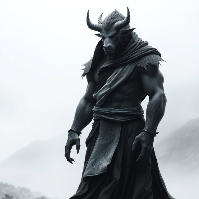 A beastman character dressed in a flowing robe, crafted in shades of black and white