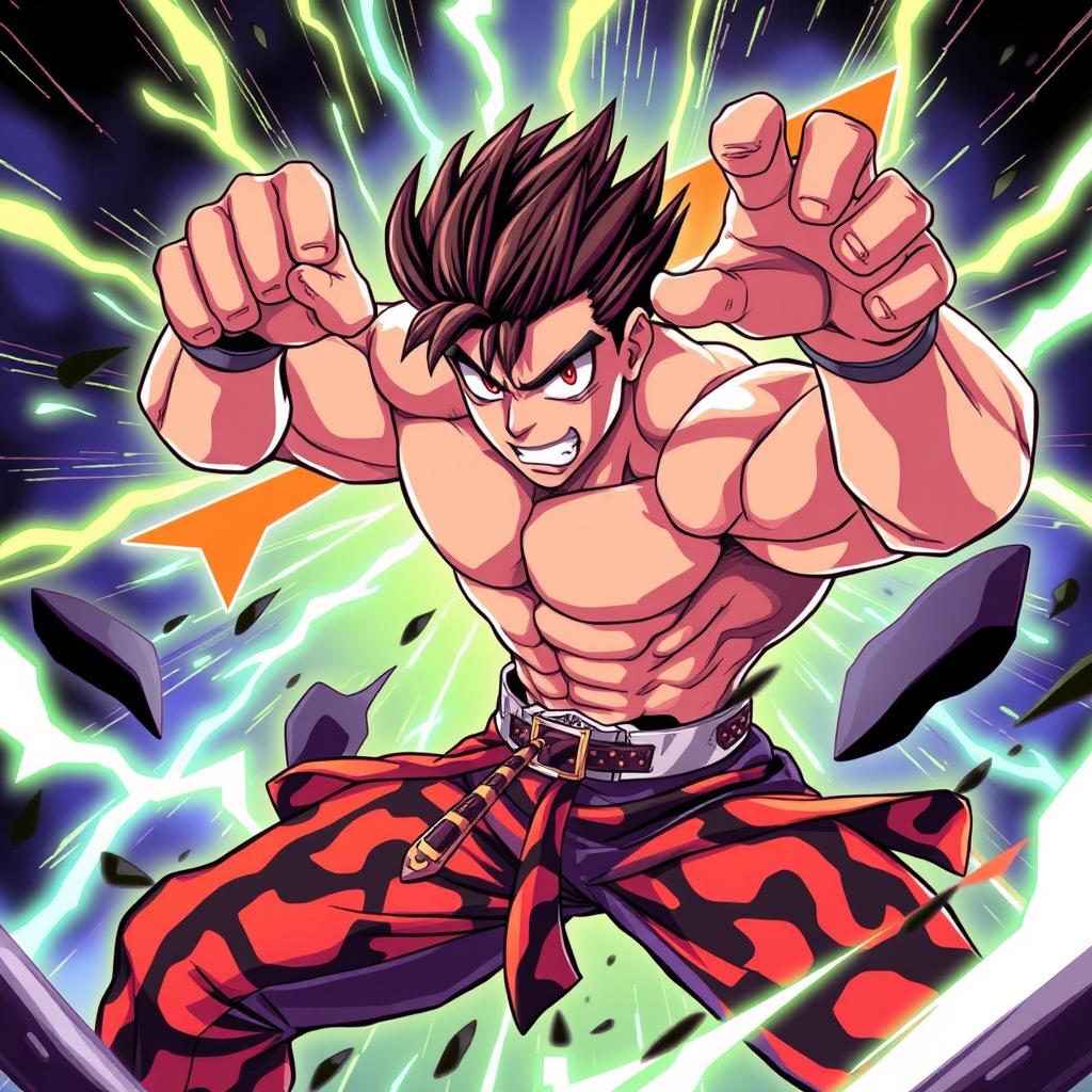 A dynamic and vibrant scene in the JoJo's Bizarre Adventure art style, portraying a muscular protagonist striking an intense pose