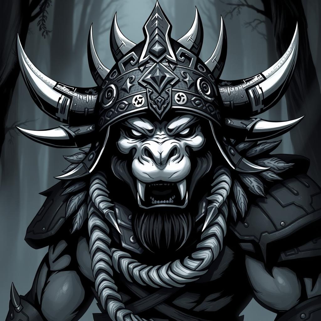 A formidable beastman character wearing an intricately designed helmet, depicted in shades of black and white