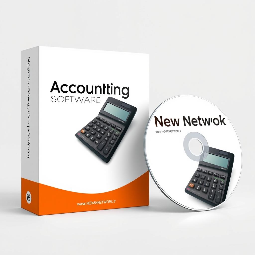 A standing rectangular box design for accounting software, featuring a vibrant orange bottom half and a clean white top half