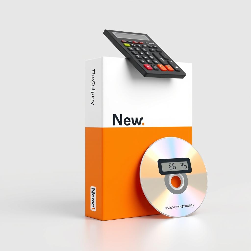 A realistic rendering of an accounting software box standing upright in a rectangle shape, with the bottom half in bright orange and the top half in clean white