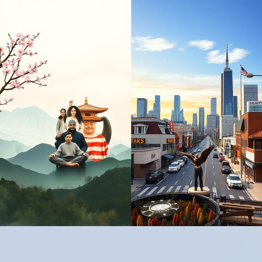 A visually striking diptych illustrating two distinct views of the self: on the left, the Eastern view characterized by interconnectedness, harmony, and spirituality