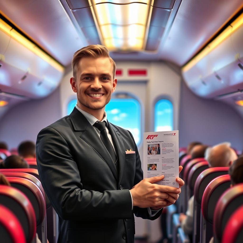 A male flight attendant in a stylish, modern airline uniform, standing in the aisle of a colorful airplane cabin