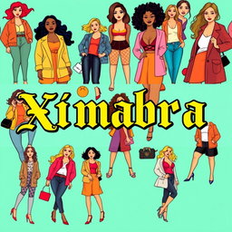 A vibrant and colorful banner for an online women's clothing store, featuring the word 'Ximabra' prominently displayed in vintage Gothic lettering