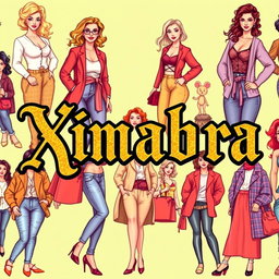 A vibrant and colorful banner for an online women's clothing store, featuring the word 'Ximabra' prominently displayed in vintage Gothic lettering