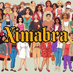 A vibrant and colorful banner for an online women's clothing store, featuring the word 'Ximabra' prominently displayed in vintage Gothic lettering