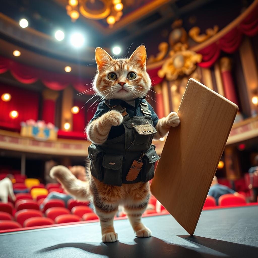 A female cat dressed as a stagehand in a vibrant theater setting